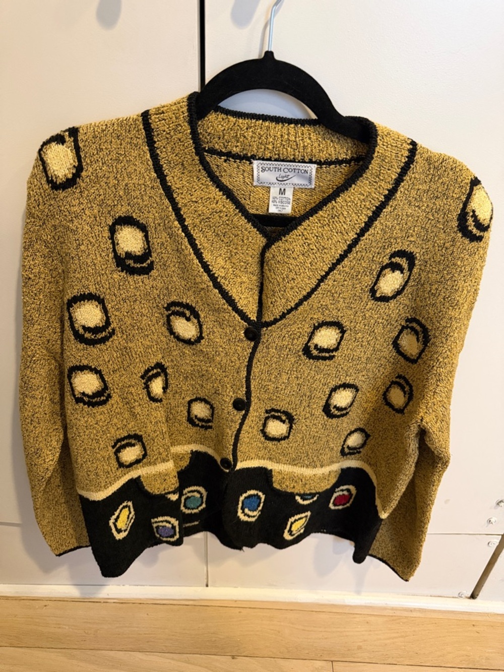 South Cotton Light Mustard Yellow Patterned V-Neck Cardigan Sweater